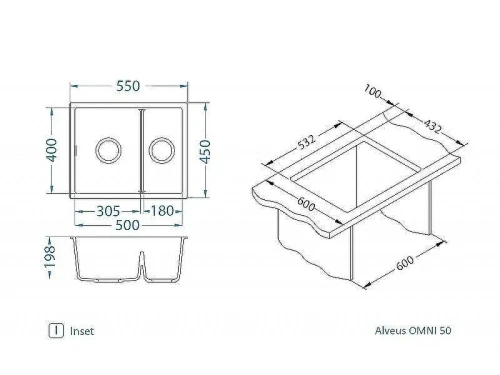 Кухонная мойка Alveus Granital Omni 50 Deep Black G90 750x450x198 1150070 Черная матовая