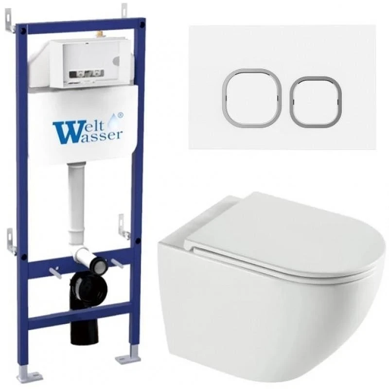 Комплект унитаза с инсталляцией WeltWasser BAMBERG 460 + MERZBACH 043 XL GL-WT + BAMBERG WT 10000013788 цвет Белый глянцевый с сиденьем Микролифт и клавишей смыва цвет Белый
