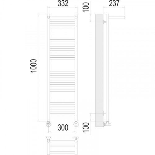 Водяной полотенцесушитель Terminus Аврора П20 300x1000 4670078529848 с полкой Хром, нижнее подключение, G 1/2" ВР, с угловым соединением нержавеющая сталь