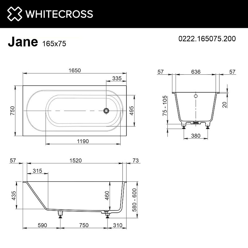 Ванна из искусственного камня Whitecross Jane 165x75 0222.165075.200 цвет Белый матовый