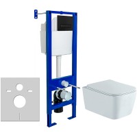 Комплект унитаза Aquatek Либра New AQ1148N-00 с инсталляцией Berges Atom 410 040340 с сиденьем Микролифт и Черной матовой клавишей смыва фарфор подвесной