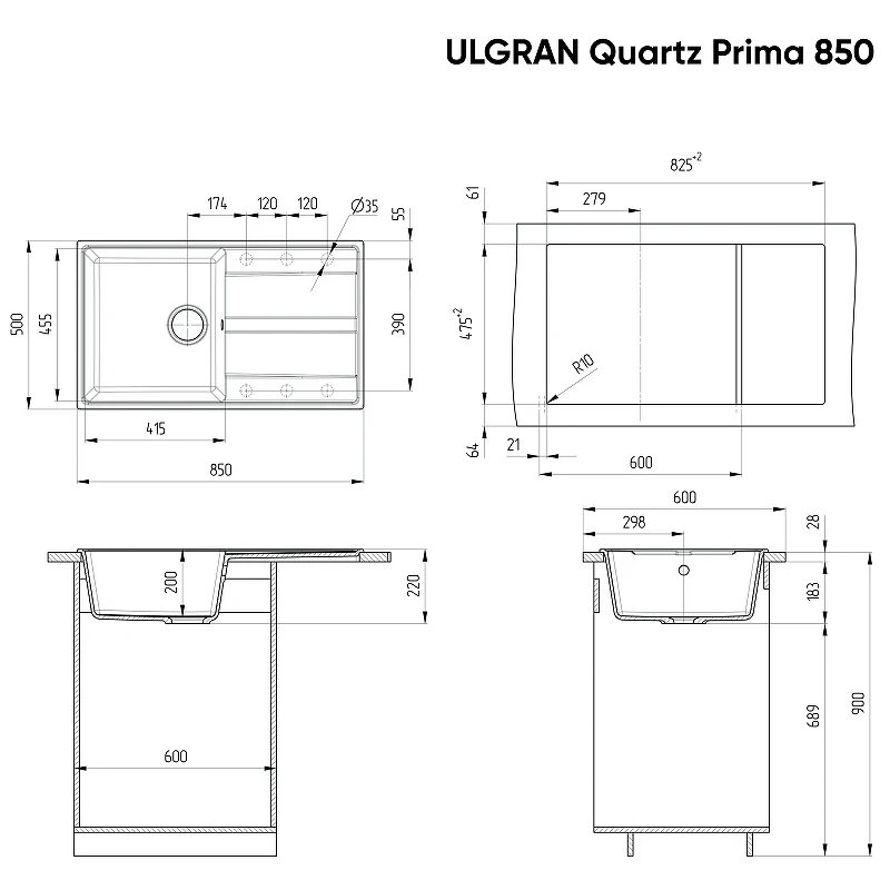 Кухонная мойка Ulgran Quartz Prima 850-02 Лен искусственный камень (литьевой мрамор) встраиваемый