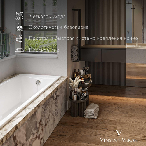 Чугунная ванна Vinsent Veron Devon 175x75 VDV1757545H/VH0012GM-AS цвет Белый с квадратными ручками оружейная сталь и антискользящим покрытием