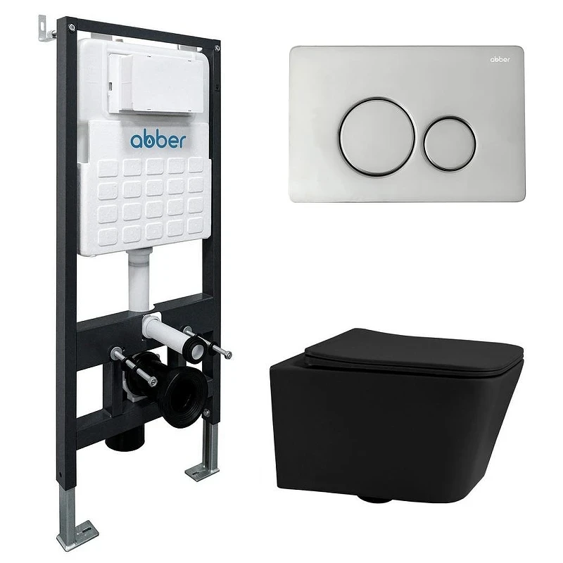 Комплект унитаза Abber Rechteck AC1201MB-AC0105-AC0121 с сиденьем Микролифт и клавишей смыва цвет Хром