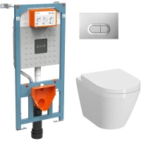 Комплект унитаза с инсталляцией Vitra Integra Round L-box 9004B003-7202 с сиденьем Микролифт и клавишей смыва Хром матовый фарфор подвесной
