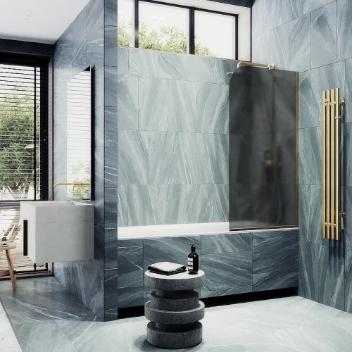 Шторка на ванну Maybah Glass MGV-133-3у 440x1400 в узком профиле Золото стекло графитовое матовое