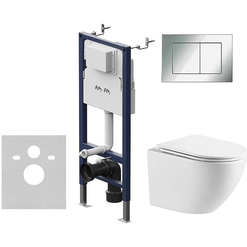 Комплект унитаза WellWant Aura WWU01121WK с инсталляцией AM.PM PrimeFit I012709.0251 с сиденьем Микролифт и клавишей смыва Хром глянцевый