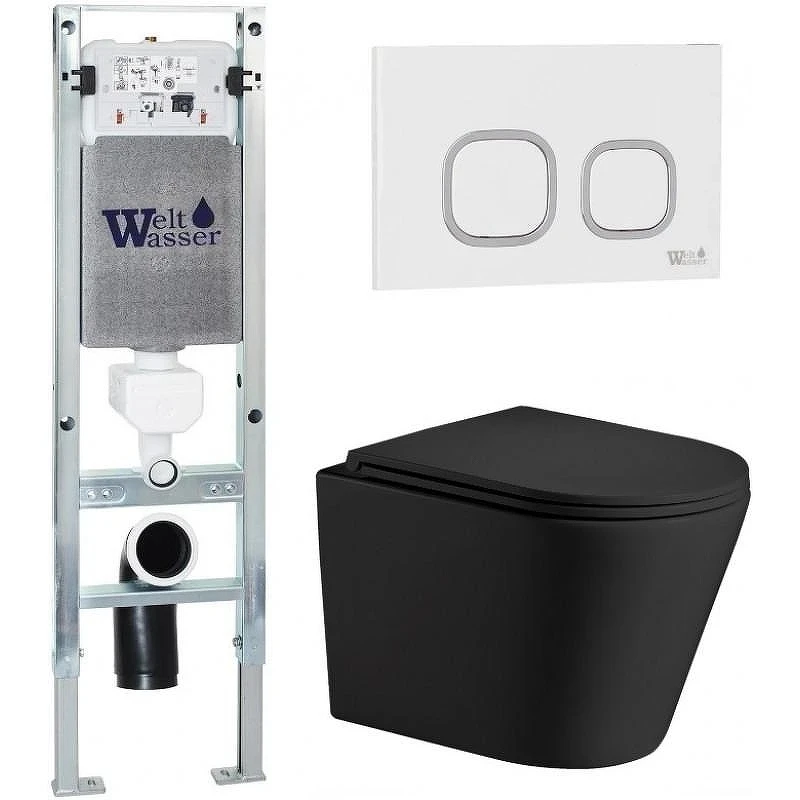 Комплект унитаза с инсталляцией WeltWasser AMBERG 350 ST + SALZBACH 043 MT-BL + AMBERG RD-WT 10000011525 цвет Черный матовый с сиденьем Микролифт и клавишей смыва цвет Белый
