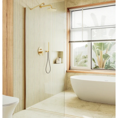 Душевая перегородка Maybah Glass MGD-677-3ш 1090x1950 в широком профиле Золото стекло прозрачное