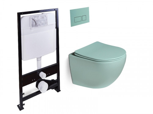 Комплект унитаза с инсталляцией SantiLine SL-5103+SL-01/LG цвет Светло-зеленый матовый с сиденьем Микролифт и клавишей смыва цвет Светло-зеленый матовый