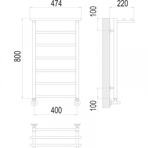 Водяной полотенцесушитель Terminus Контур П7 400х800 4670078529701 с полкой Хром, нижнее подключение, G 1/2" ВР, с угловым соединением нержавеющая сталь