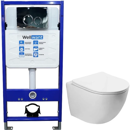 Комплект унитаза Vincea Globo VT1-14S с инсталляцией WellWant Standart 50 WWISI1110B с сиденьем Микролифт и клавишей смыва Хром глянцевый фарфор подвесной