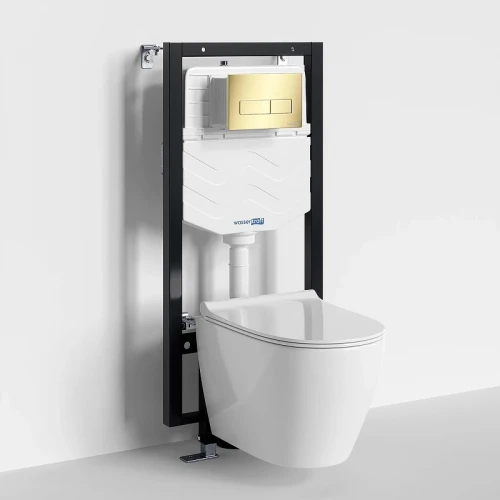 Комплект унитаза с инсталляцией WasserKRAFT Vils 56TLT.010.ME.PG03.H002 цвет Белый с сиденьем Микролифт и клавишей смыва цвет Золото глянцевое