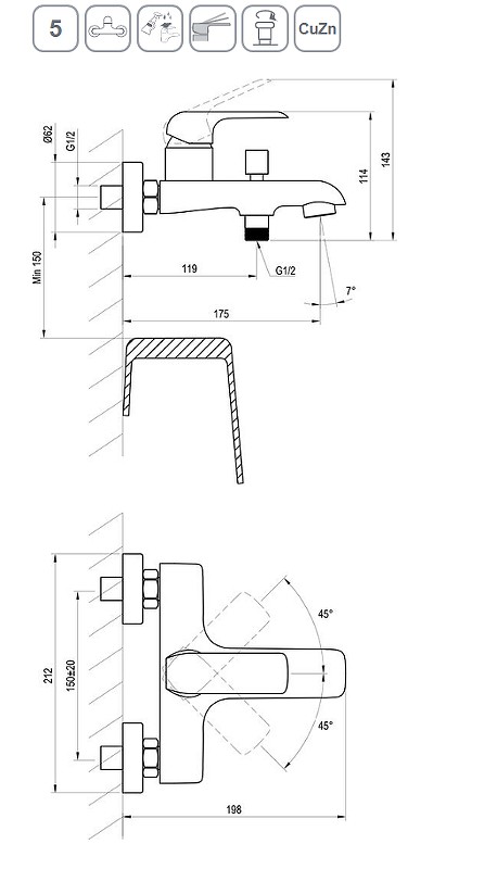 Смеситель для ванны Ravak Flat FL 022.20/150 X070175 Черный матовый латунь на стену