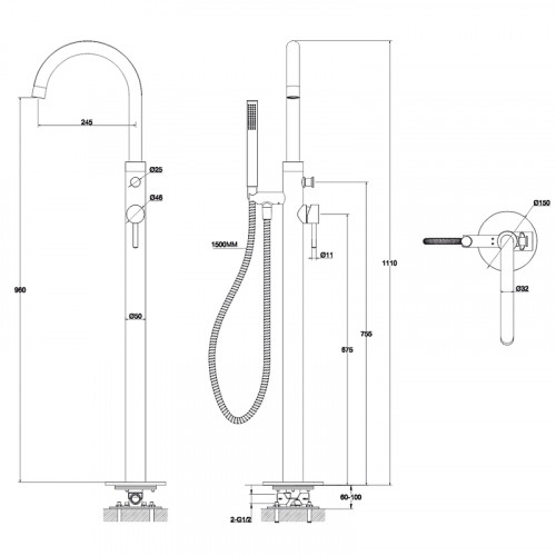 Смеситель для ванны Whitecross Y brushed nickel Y1233NIB Брашированный никель латунь на пол