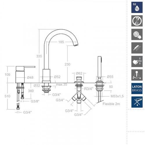 Смеситель на борт ванны Ramonsoler Drako 333302M Хром