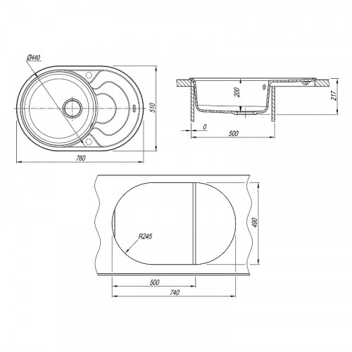 Кухонная мойка Florentina Родос-760 20.140.D0760.302 Антрацит искусственный камень (литьевой мрамор) встраиваемый