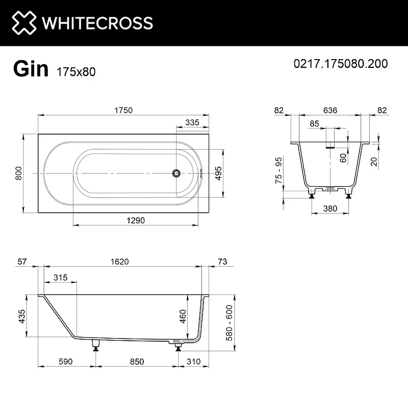Ванна из искусственного камня Whitecross Gin 175x80 0217.175080.200 Белая матовая без гидромассажа