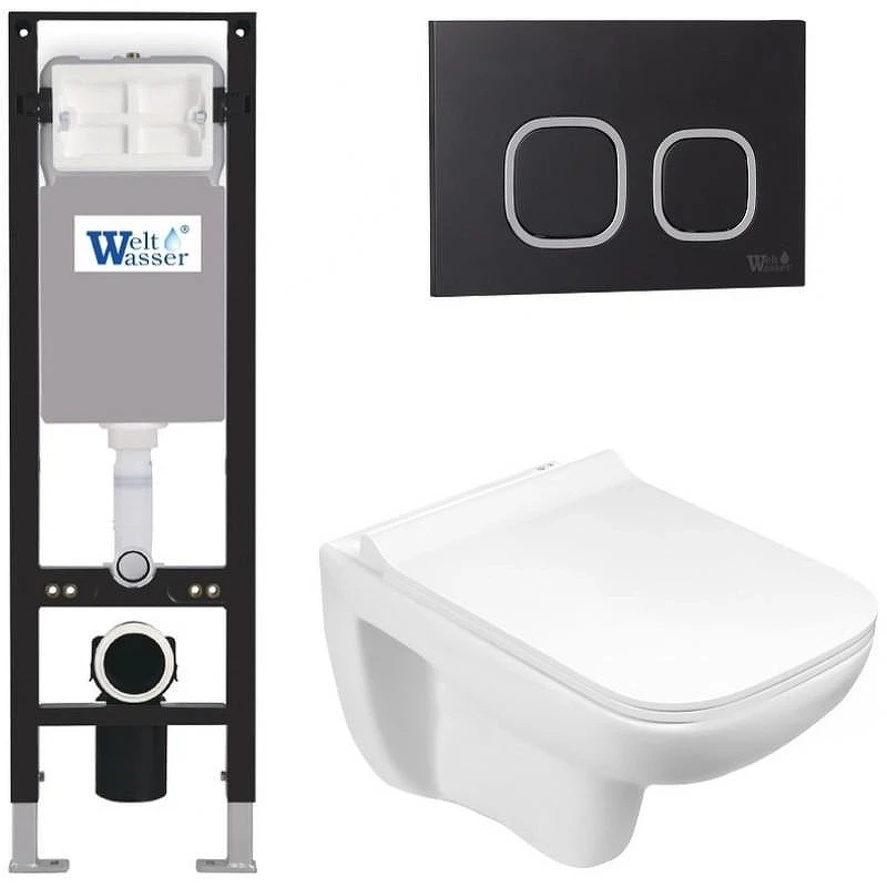 Комплект унитаза с инсталляцией WeltWasser AMBERG 350 + KEHLBACH 004 GL-WT + AMBERG RD-BL 10000012349 цвет Белый глянцевый с сиденьем Микролифт и клавишей смыва цвет Черный