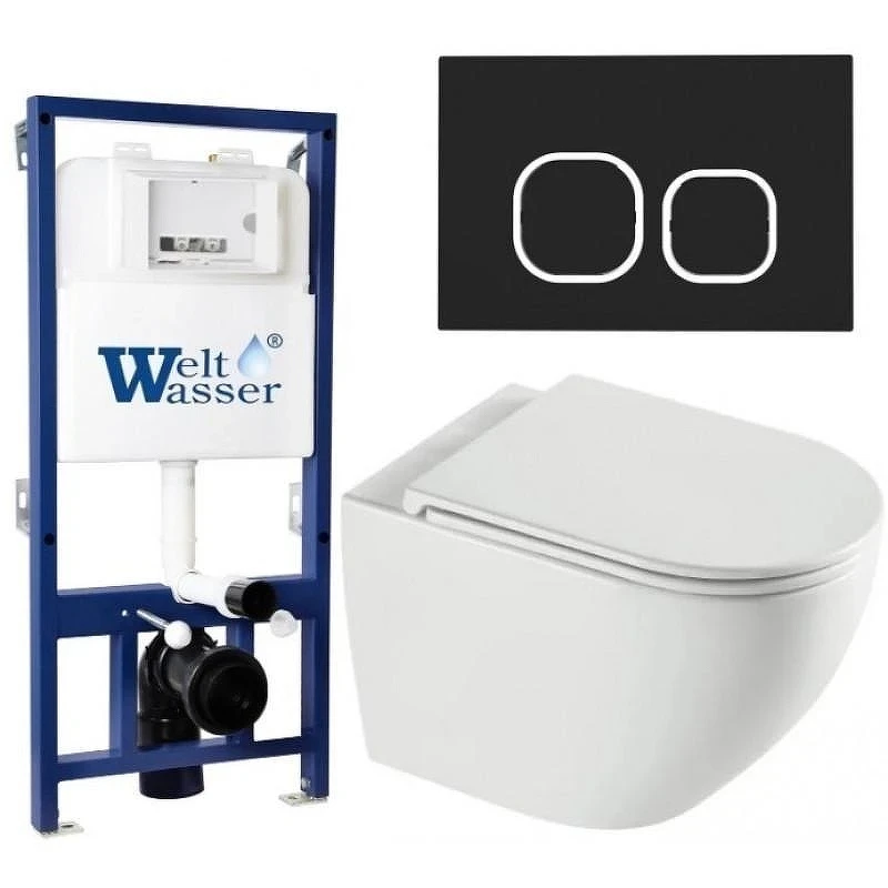 Комплект унитаза с инсталляцией WeltWasser BAMBERG 525 + MERZBACH 043 XL GL-WT + BAMBERG BL 10000013790 цвет Белый глянцевый с сиденьем Микролифт и клавишей смыва цвет Черный