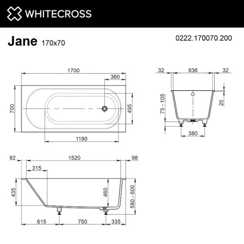 Ванна из искусственного камня Whitecross Jane 170x70 0222.170070.200 цвет Белый матовый