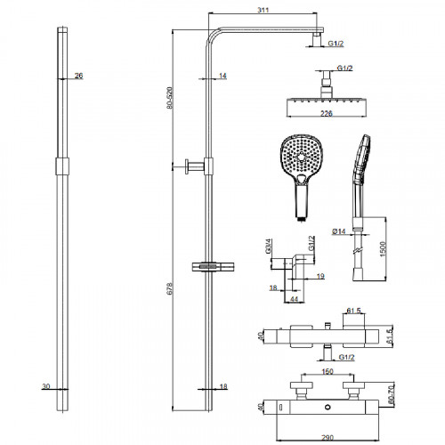 Душевая система AQUAme AQM8007MB с термостатом Черная матовая латунь на стену