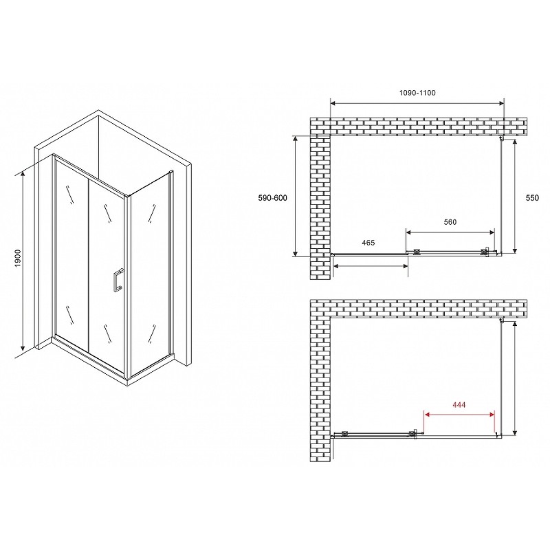 Душевой уголок Abber Schwarzer Diamant 110x60 AG30110B5-S60B5 профиль Черный стекло прозрачное