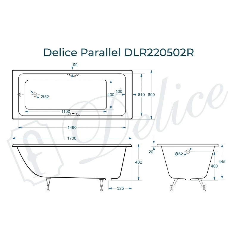 Чугунная ванна Delice Parallel 170x80 DLR220502RB с черными матовыми ручками без антискользящего покрытия