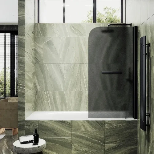 Шторка для ванны Maybah Glass MGV-792-6 800х1400 поворотная на монопетле с полотенцедержателем Черный стекло графитовое матовое
