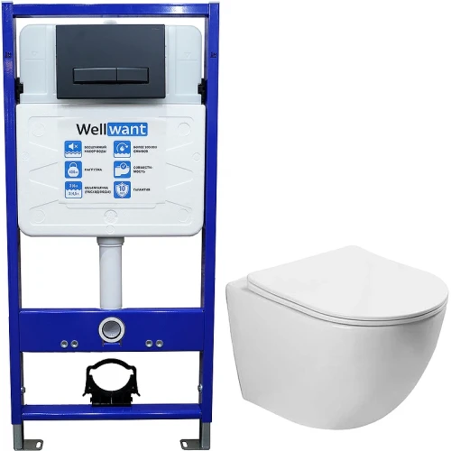 Комплект унитаза Vincea Globo VT1-14S с инсталляцией WellWant Standart 50 WWISI111BB с сиденьем Микролифт и Черной матовой клавишей смыва фарфор подвесной