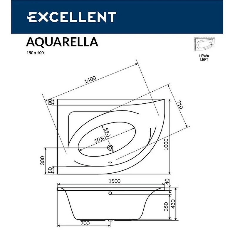 Акриловая ванна Excellent Aquarella 150x100 L WAEX.ARL15.NANO.CR с гидромассажем