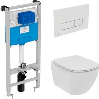 Комплект унитаза с инсталляцией Ideal Standard Tesi Rimless TT00003/121AC с сиденьем Микролифт и Белой клавишей смыва фарфор подвесной