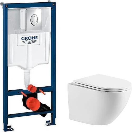 Унитаз с инсталляцией WellWant Aura WWU01121WK + Grohe Rapid SL 38721001 с сиденьем Микролифт и клавишей смыва Хром