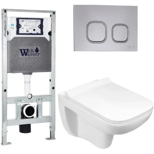 Комплект унитаза с инсталляцией WeltWasser AMBERG 506 ST + KEHLBACH 004 GL-WT + AMBERG RD-CR 10000006891 цвет Белый глянцевый с сиденьем Микролифт и клавишей смыва цвет Хром