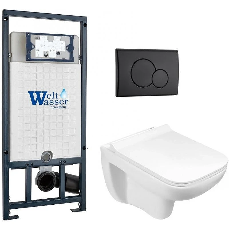 Комплект унитаза с инсталляцией WeltWasser MARBERG 507 + KEHLBACH 004 GL-WT + MAR 507 RD MT-BL 10000010734 цвет Белый глянцевый с сиденьем Микролифт и клавишей смыва цвет Черный матовый