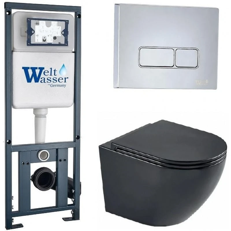 Комплект унитаза с инсталляцией WeltWasser MARBERG 410 + MERZBACH 043 MT-BL + MAR 410 SE-CR 10000011353 цвет Черный матовый с сиденьем Микролифт и клавишей смыва цвет Хром