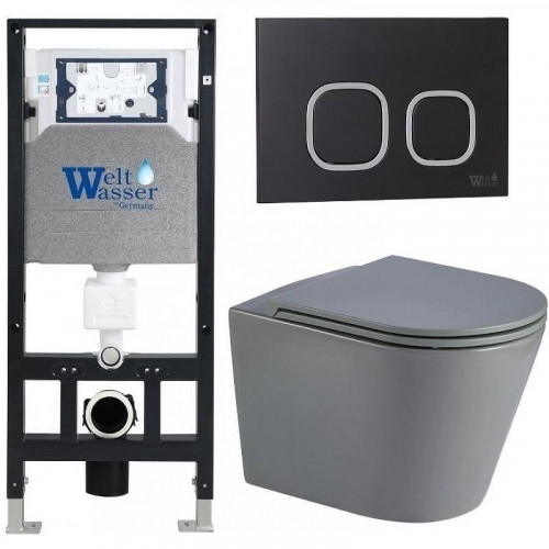 Комплект унитаза с инсталляцией WeltWasser AMBERG 506 + SALZBACH 043 MT-GR + AMBERG RD-BL 10000011577 цвет Серый матовый с сиденьем Микролифт и клавишей смыва цвет Черный
