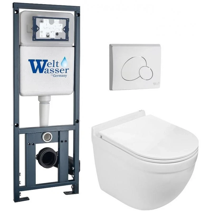 Комплект унитаза с инсталляцией WeltWasser MARBERG 410 + HEIMBACH 043 GL-WT + MAR 410 RD GL-WT 10000012157 цвет Белый глянцевый с сиденьем Микролифт и клавишей смыва цвет Белый глянцевый