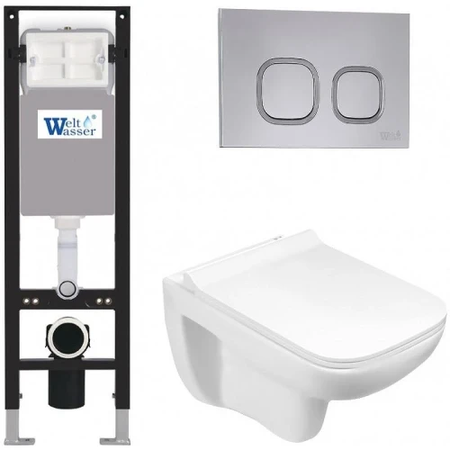 Комплект унитаза с инсталляцией WeltWasser AMBERG 350 + KEHLBACH 004 GL-WT + AMBERG RD-CR 10000012350 цвет Белый глянцевый с сиденьем Микролифт и клавишей смыва цвет Хром