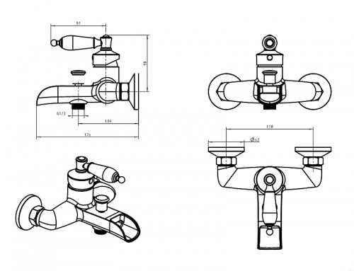 Смеситель для ванны Boheme Vogue 203-BSW Бронза латунь на стену