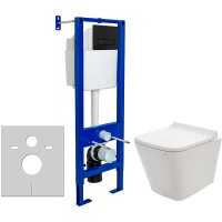 Комплект унитаза AQUAme AQM2004 с инсталляцией Berges Atom 410 040340 с сиденьем Микролифт и Черной матовой клавишей смыва фаянс подвесной