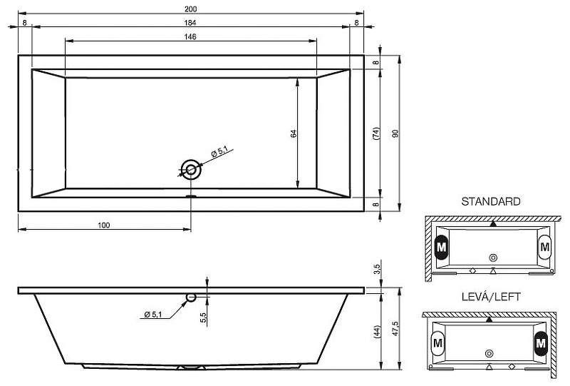 Акриловая ванна Riho Lusso 200x90 B016001005 (BA6000500000000) без гидромассажа