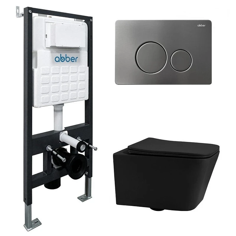 Комплект унитаза Abber Rechteck AC1201MB-AC0105-AC0121MCH с сиденьем Микролифт и клавишей смыва цвет Матовый хром