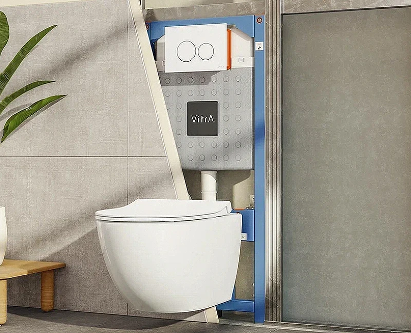 Комплект унитаза с инсталляцией Vitra S50 Rim-Ex 9003B003-7201 с сиденьем Микролифт и клавишей смыва Хром глянцевый фарфор подвесной