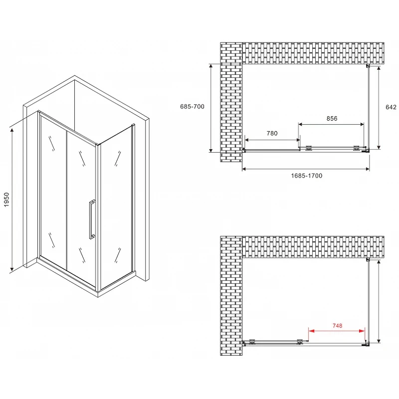 Душевой уголок Abber Schwarzer Diamant 170x70 AG30170BMH-S70BM профиль Черный стекло матовое