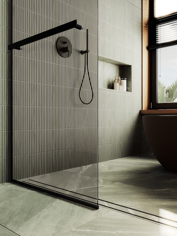 Душевая перегородка Maybah Glass MGD-733-6у 890x1950 в узком профиле Черный стекло бронзовое