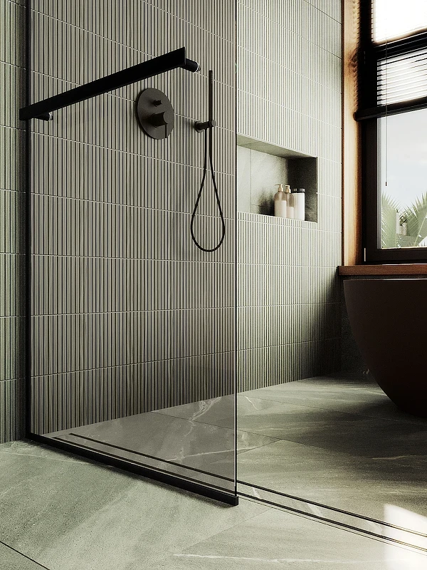 Душевая перегородка Maybah Glass MGD-733-6у 890x1950 в узком профиле Черный стекло бронзовое