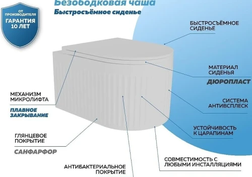 Унитаз Corpa Nera Russo CN42101 подвесной цвет Белый с сиденьем Микролифт