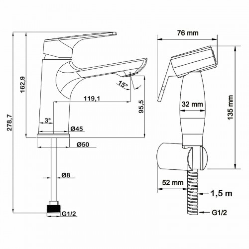 Смеситель для раковины Swedbe Venado 1660 с гигиеническим душем Хром латунь