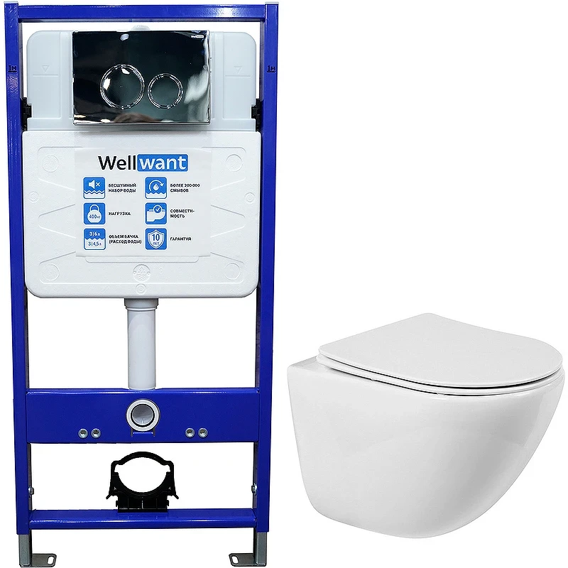 Комплект унитаза BelBagno Amanda BB051CHR+BB051SC с инсталляцией WellWant Standart 50 WWISI1110B с сиденьем Микролифт и клавишей смыва Хром глянцевый фаянс подвесной